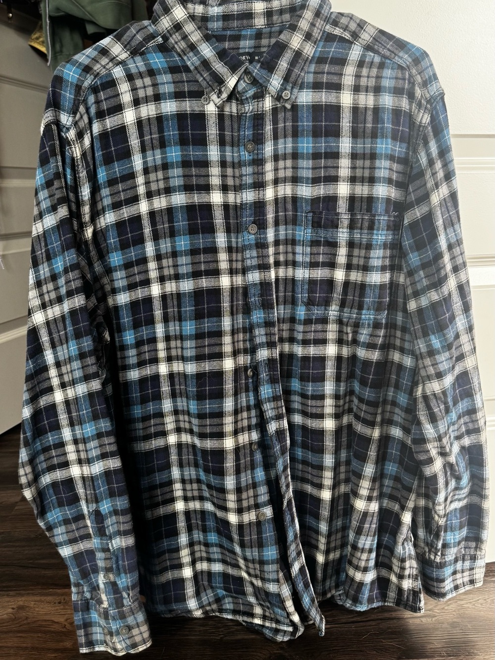 Faded Glory Blue, Black and White Plaid Button-Down Shirt
